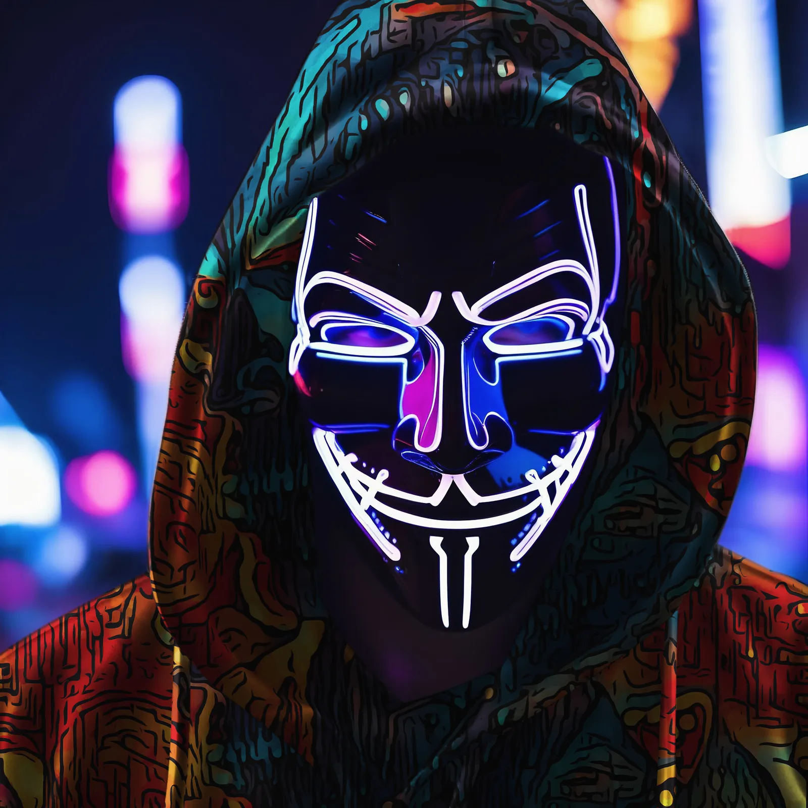 Close-up of a hooded figure with a white glowing mask