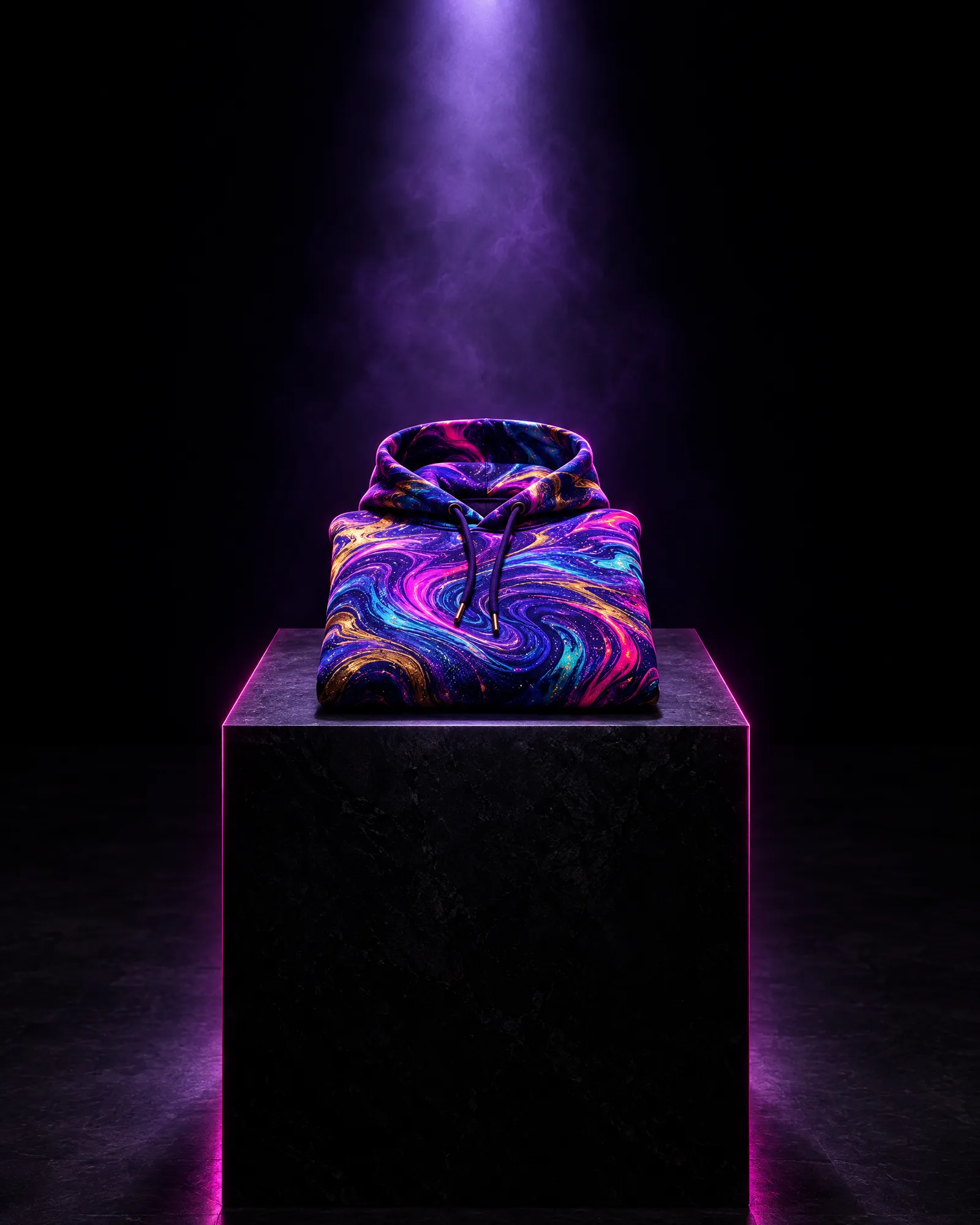 A single folded psychedelic hoodie on a black plinth under a purple spotlight